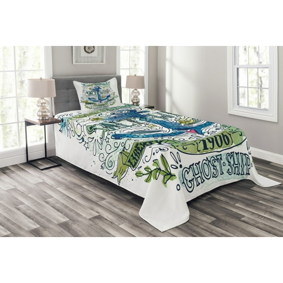 Ambesonne Marine Quilted Bedspread Set 2 Pcs, Ocean Anchor, Twin Size, Multicolor