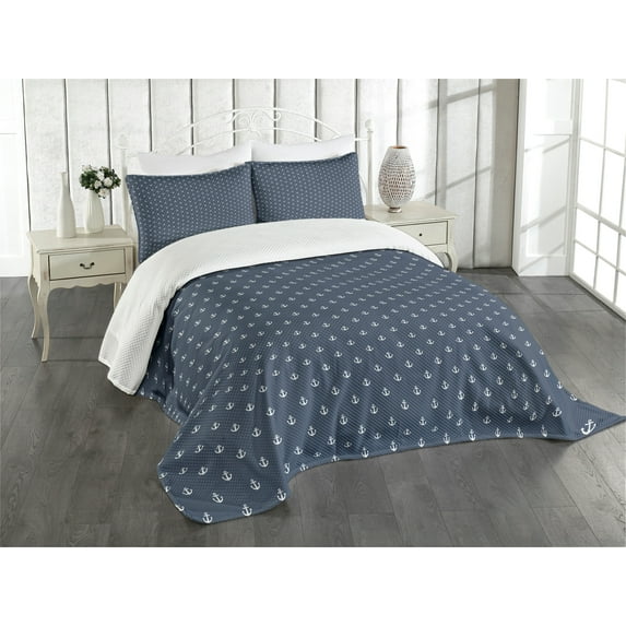 Ambesonne Marine Quilted Bedspread Set 3 Pcs, Anchors Sea Travel Nautical, King Size, Bluegrey White