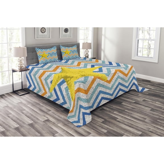 Ambesonne Marine Quilted Bedspread Set 3 Pcs, Angled Stripes Starfish, Queen Size, Multicolor