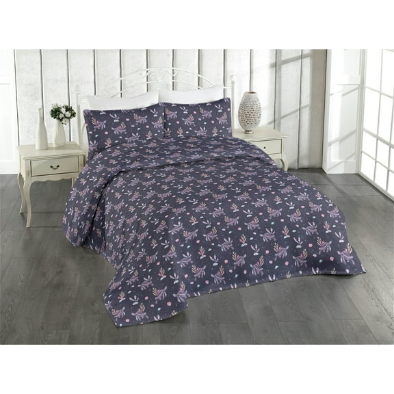Ambesonne Marine Quilted Bedspread Set 3 Pcs, Caretta Caretta Print Corals, King, Dark Indigo and Plum