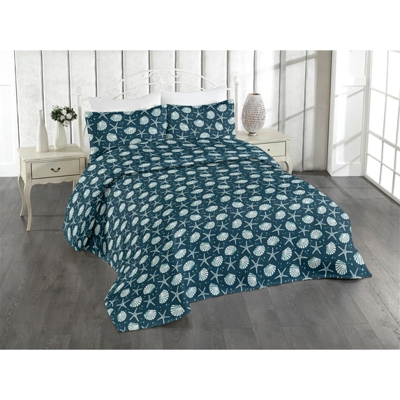 Ambesonne Marine Quilted Bedspread Set 3 Pcs, Coastal Seashell Starfish, Queen, Pale Petrol Blue Eggshell