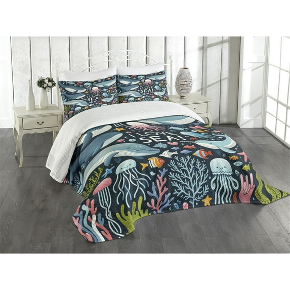 Ambesonne Marine Quilted Bedspread Set 3 Pcs, I Love Sea Animals Cartoon, King Size, Dark Blue Multicolor