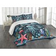 thumbnail image 1 of Ambesonne Marine Quilted Bedspread Set 3 Pcs, Multicolor Underwater Life, Queen Size, Dark Petrol Blue, 1 of 4
