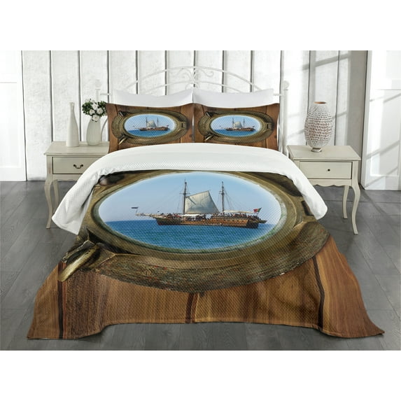Ambesonne Marine Quilted Bedspread Set 3 Pcs, Ship Window with Cruise, Queen Size, Multicolor
