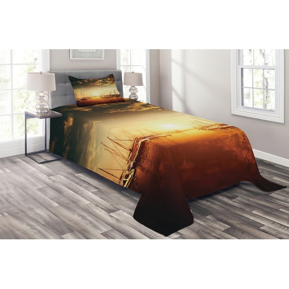 Ambesonne Marine Quilted Coverlet 2 Pcs, Boats on the Pier, Twin Size, Orange Black Pale Yellow
