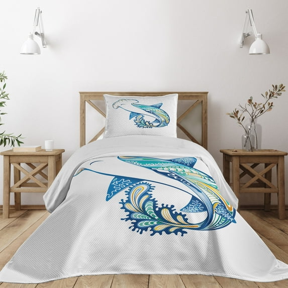 Ambesonne Marine Quilted Coverlet 2 Pcs, Hammer Head Shark Ocean, Twin Size, Blue Aqua White
