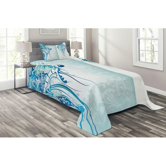 Ambesonne Marine Quilted Coverlet 2 Pcs, Ocean Jellyfish Paisley, Twin Size, Pale Blue Sea Blue