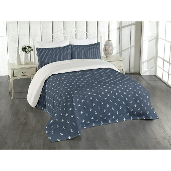 Ambesonne Marine Quilted Coverlet 3 Pcs, Anchors Sea Travel Nautical, King Size, Bluegrey White