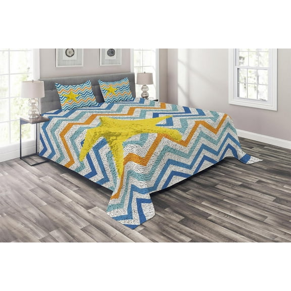 Ambesonne Marine Quilted Coverlet 3 Pcs, Angled Stripes Starfish, Queen Size, Multicolor