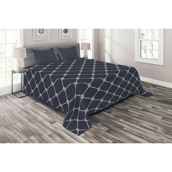 Ambesonne Marine Quilted Coverlet 3 Pcs, Classic Nautical Sea Sailing, Queen Size, Dark Blue White