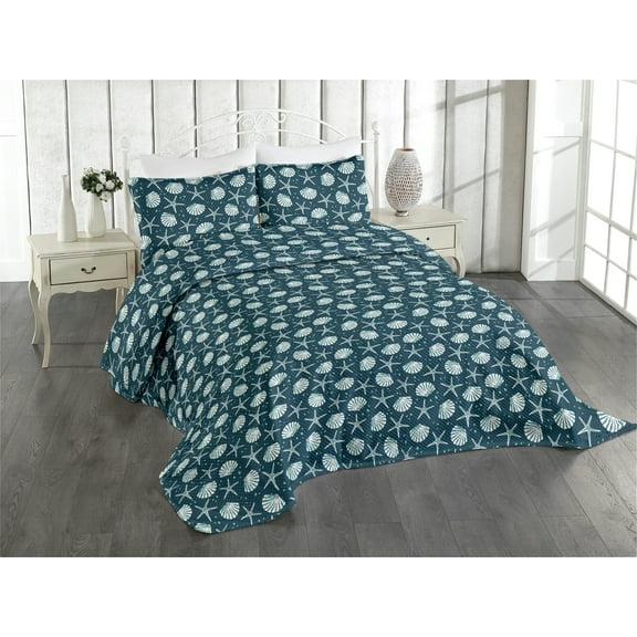 Ambesonne Marine Quilted Coverlet 3 Pcs, Coastal Seashell Starfish, Queen Size, Pale Petrol Blue Eggshell