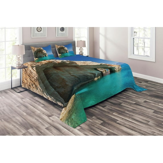 Ambesonne Marine Quilted Coverlet 3 Pcs, Sea Cave on Zakynthos, Queen Size, Tan Pale Blue