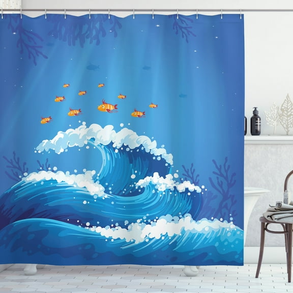 Ambesonne Marine Shower Curtain, Fish and Wave in Ocean, 69"Wx75"L, Violet Blue Orange