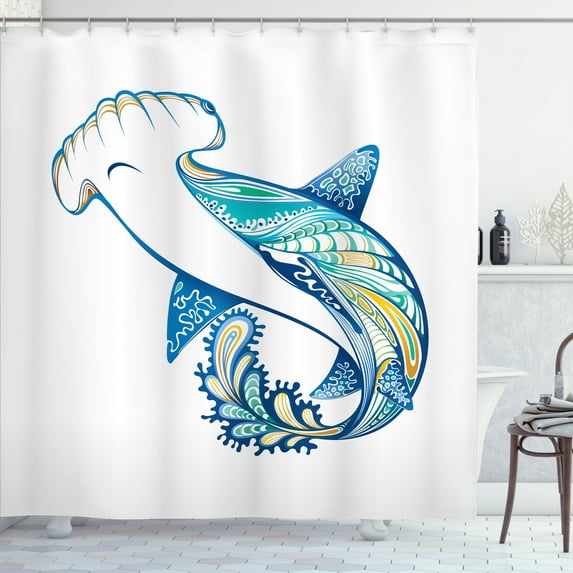 Ambesonne Marine Shower Curtain, Hammer Head Shark Ocean, 69"Wx84"L, Blue Aqua White