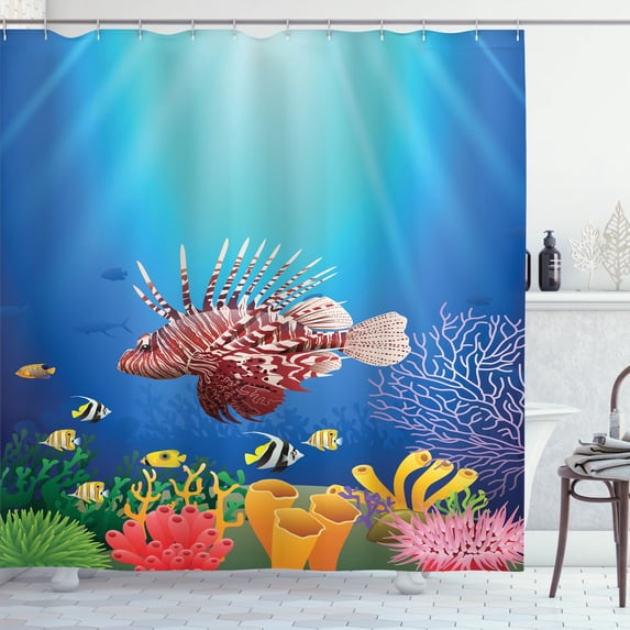 Ambesonne Marine Shower Curtain, Lionfish and Reefs Cartoon, 69"Wx84"L, Multicolor