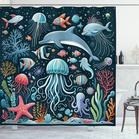 Ambesonne Marine Shower Curtain, Multicolor Underwater Life, 69"Wx70"L, Dark Petrol Blue