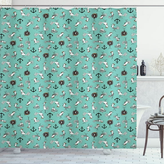 Ambesonne Marine Shower Curtain, Sailor Birds Boats Anchors, 69"Wx84"L, Seafoam Grey