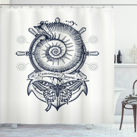 Ambesonne Marine Shower Curtain, Shell Anchor Butterfly Wheel, 69"Wx70"L, Dark Night Blue Ivory