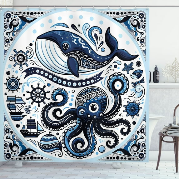 Ambesonne Marine Shower Curtain, Whale and Octopus Nautical, 69"Wx75"L, Navy Blue and White