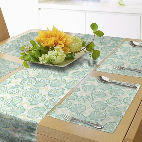 Ambesonne Marine Table Runner & Placemats, Sea Shell Zigzags Summer, Placemat 4 pcs + Runner 14"x90", Pale Green Turquoise