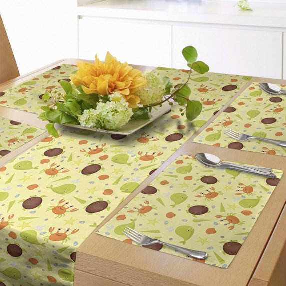 Ambesonne Marine Table Runner & Placemats, Whale Crab Turtle and Shells, Placemat 4 pcs + Runner 16"x72", Yellow Multicolor