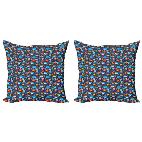 Ambesonne Marine Throw Pillow Cover 2 Pack, Funny Ocean Animals, 24", Multicolor