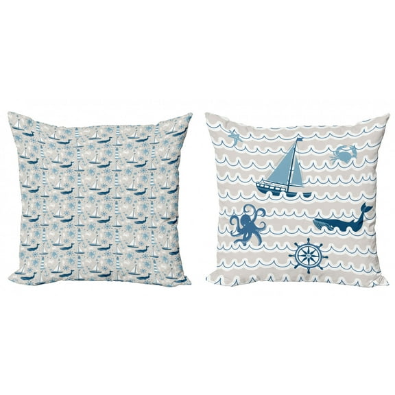 Ambesonne Marine Throw Pillow Cover 2 Pack, Nautical Art Composition, 24", Pale Tan and Blue
