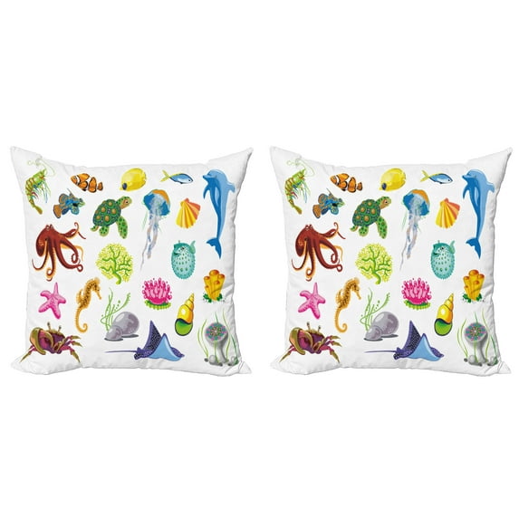 Ambesonne Marine Throw Pillow Cover 2 Pack, Sea Animals Octopus Fish, 16", Multicolor