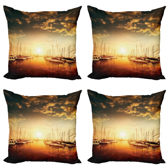 Ambesonne Marine Throw Pillow Cover 4 Pack, Boats on the Pier, 16", Orange Black Pale Yellow