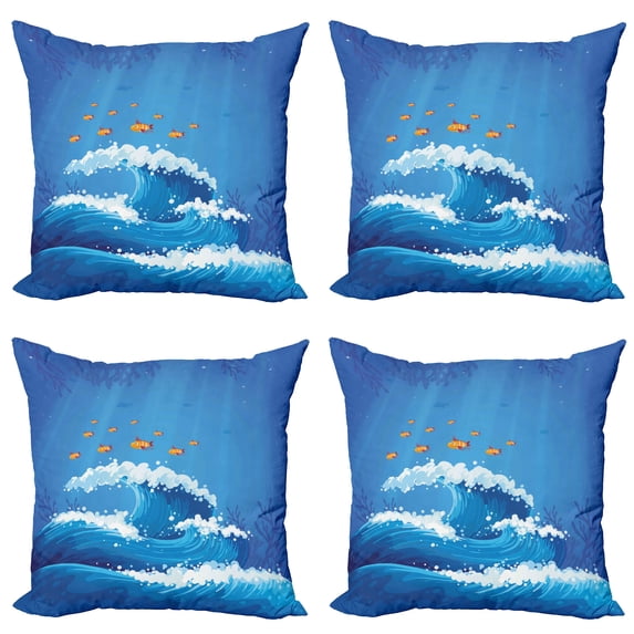 Ambesonne Marine Throw Pillow Cover 4 Pack, Fish and Wave in Ocean, 24", Violet Blue Orange
