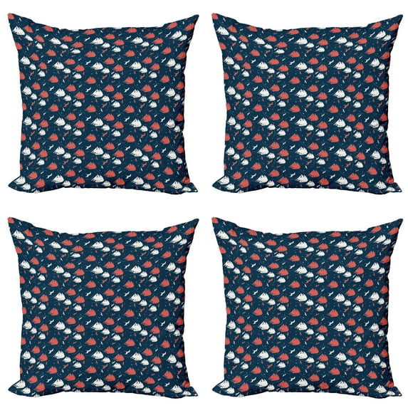Ambesonne Marine Throw Pillow Cover 4 Pack, Grunge Sailboats and Birds, 18", Night Blue Coral White