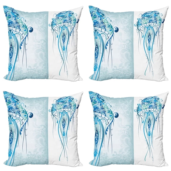 Ambesonne Marine Throw Pillow Cover 4 Pack, Ocean Jellyfish Paisley, 16", Pale Blue Sea Blue