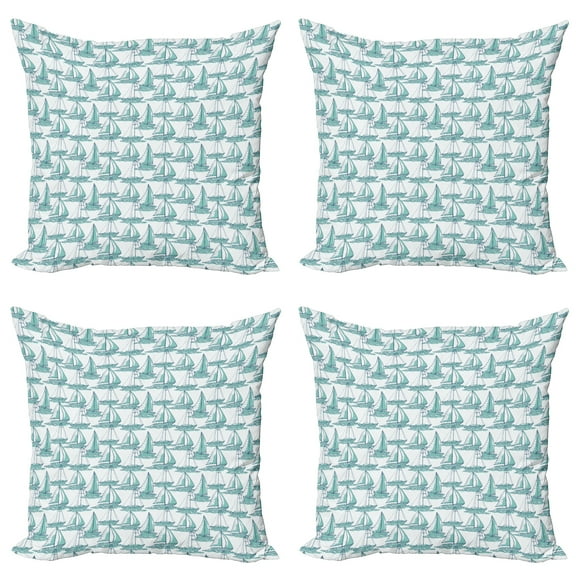 Ambesonne Marine Throw Pillow Cover 4 Pack, Sailboats Sketch on Sea Art, 16", Seafoam Dark Sky Blue