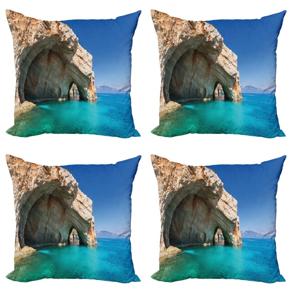 Ambesonne Marine Throw Pillow Cover 4 Pack, Sea Cave on Zakynthos, 24", Tan Pale Blue