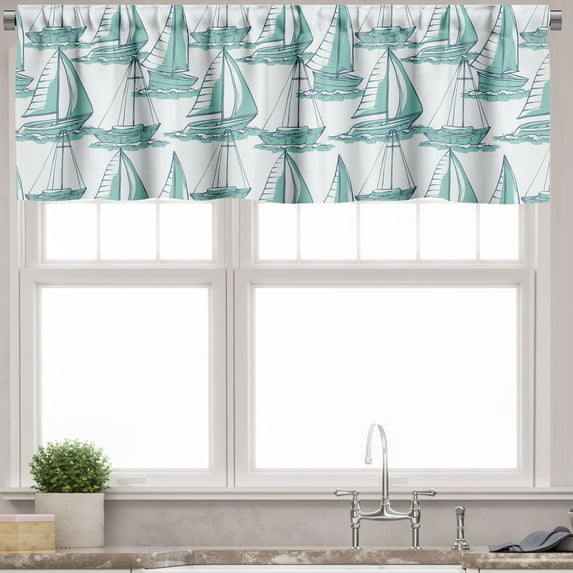 Ambesonne Marine Valance Pack of 2, Sailboats Sketch on Sea Art, 54"X18", Seafoam Dark Sky Blue