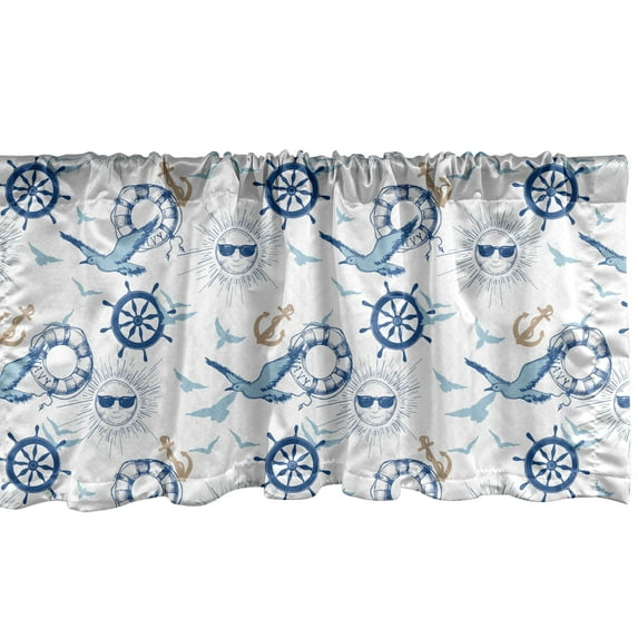 Ambesonne Marine Valance Pack of 2, Sun Anchor Rudder Seagulls, 54"X12", White Blue Almond