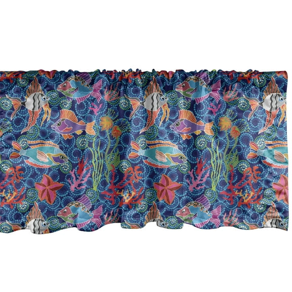 Ambesonne Marine Window Valance, Fishes in Tropical Ocean, 54" X 18", Navy Blue Sea Blue Pink