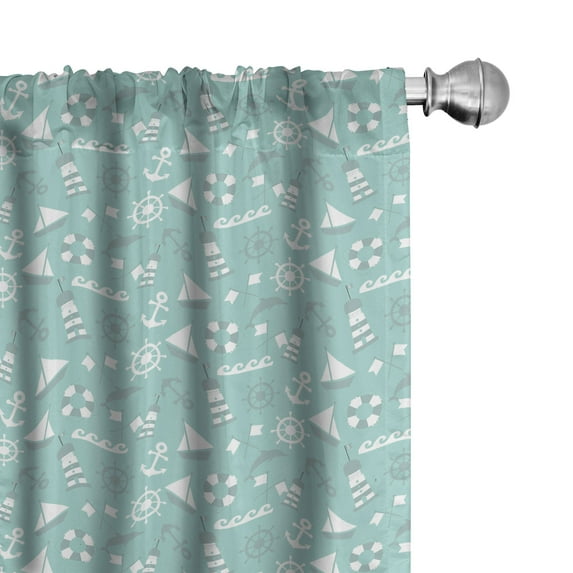 Ambesonne Maritime 4-Panel Curtains, Anker Boat Waves Dolphin, 56"x95", Almond Green Sea Green