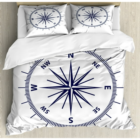 Ambesonne Maritime Duvet Cover Set, Monochromatic Windrose Art, 2-Calking, Navy Blue and White