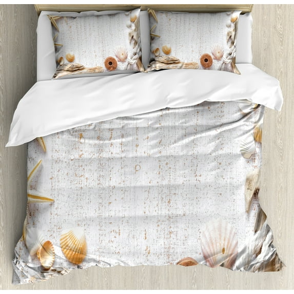 Ambesonne Maritime Duvet Cover Set, Ocean Shells Starfishes, King, Off White and Almond