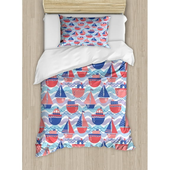 Ambesonne Maritime Duvet Cover Set, Sailing Boats Wave Graphic, Twin, Pink Ceil Blue