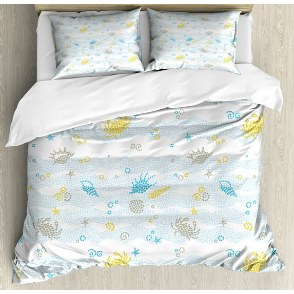 Ambesonne Maritime Duvet Cover Sets, Crabs and Seashells, 2-King, Blue and Yellow