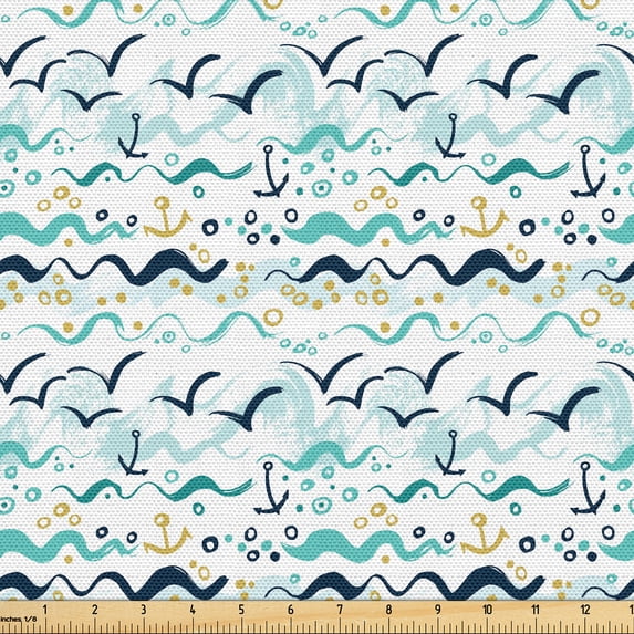 Ambesonne Maritime Fabric by the Yard Upholstery, Horizontal Seagulls Lines, 1 Yard, Seafoam White