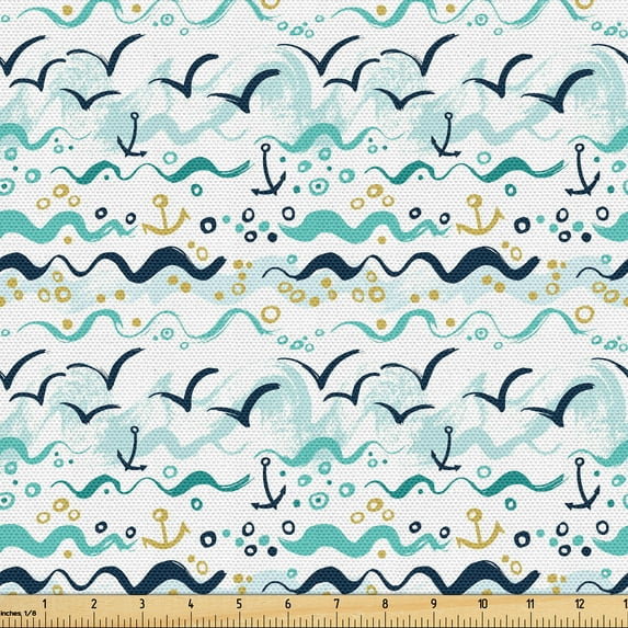 Ambesonne Maritime Fabric by the Yard Upholstery, Horizontal Seagulls Lines, 5 Yards, Seafoam White