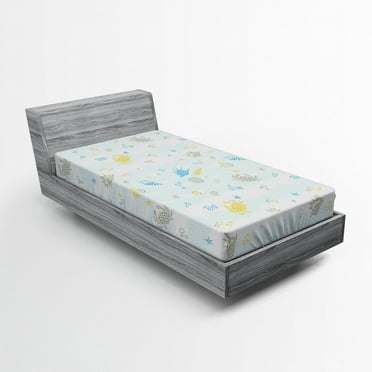 Ambesonne Maritime Fitted Sheet, Crabs and Seashells, Twin XL Size, Blue and Yellow