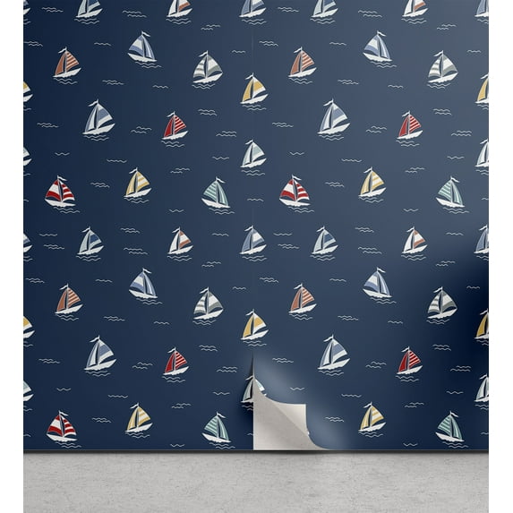 Ambesonne Maritime Peel & Stick Wallpaper for Home, Minimal Colorful Sailboats, 13"x100", Dark Sky Blue Multicolor