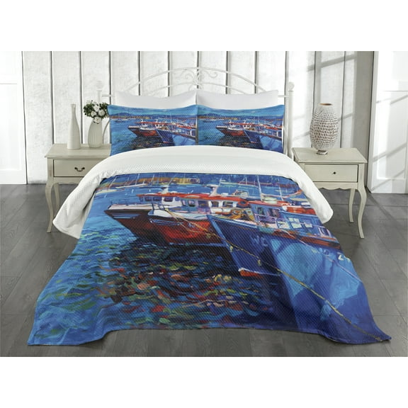 Ambesonne Maritime Quilted Bedspread Set 3 Pcs, Harbour by the Sea, Queen Size, Navy Red
