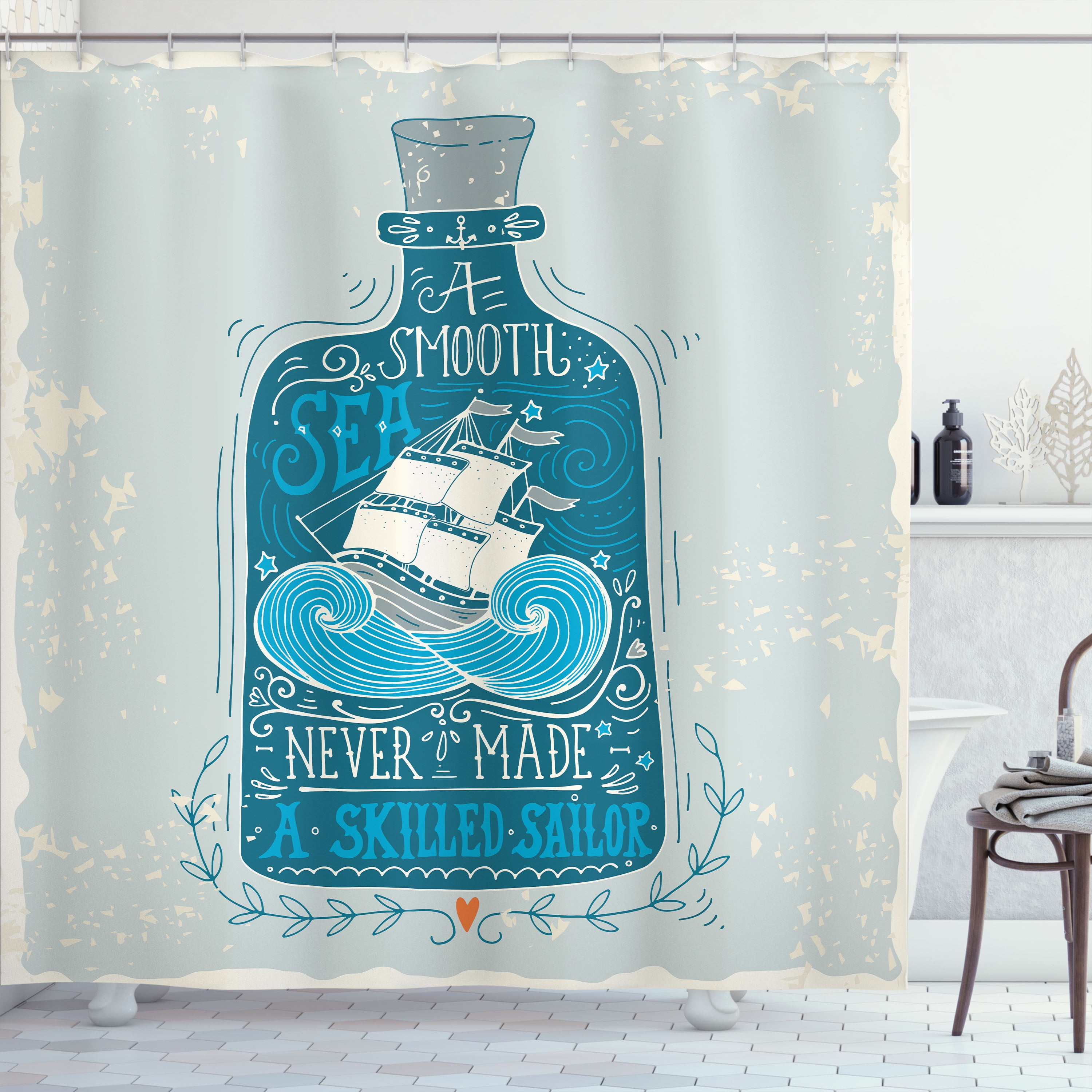 Ambesonne Maritime Shower Curtain, Bottle with Ship and Text, 69"Wx75"L