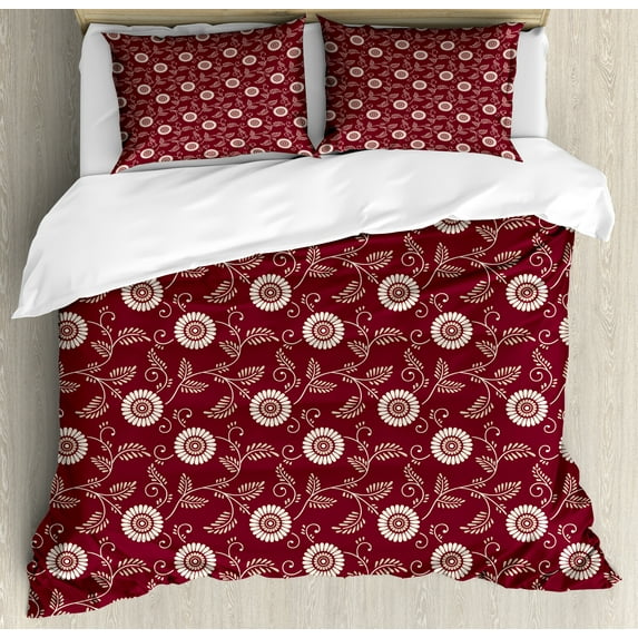 Ambesonne Maroon Duvet Cover Set, Bicolor Floral Graphic Art, 2-Calking, Maroon Champagne