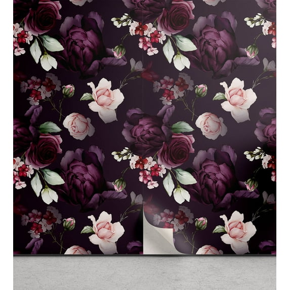 Ambesonne Maroon Floral Peel & Stick Wallpaper for Home, Roses in Purple Tones, 13"x100", Plum Eggplant Blush